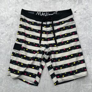 Maui and Sons Geometric Stripe Board Shorts Size 34 Black White Mens Surf Retro